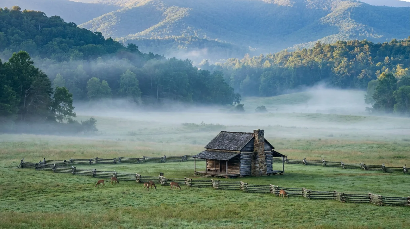 A broad grassy limestone valley ringed by forested mountains at sunrise with a split-rail fence, a weathered 19th-century log cabin and deer grazing in mist over the fields, Cades Cove Great Smoky Mountains National Park Tennessee, ultrarealistic photograph representative of the region