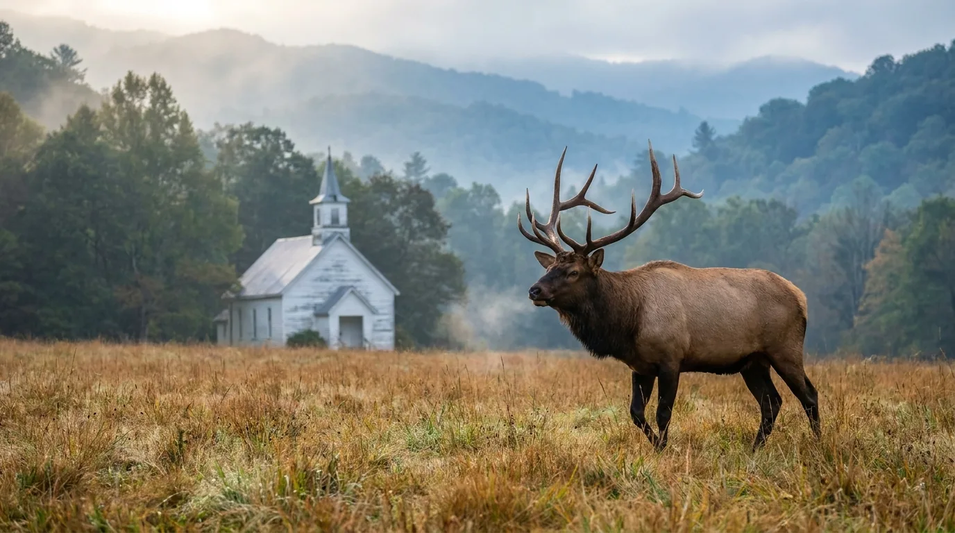 A large bull elk with full antlers standing in a misty mountain meadow at first light with autumn grass, a weathered white clapboard chapel and forested ridge behind, Cataloochee Valley Great Smoky Mountains National Park North Carolina, ultrarealistic photograph representative of the region