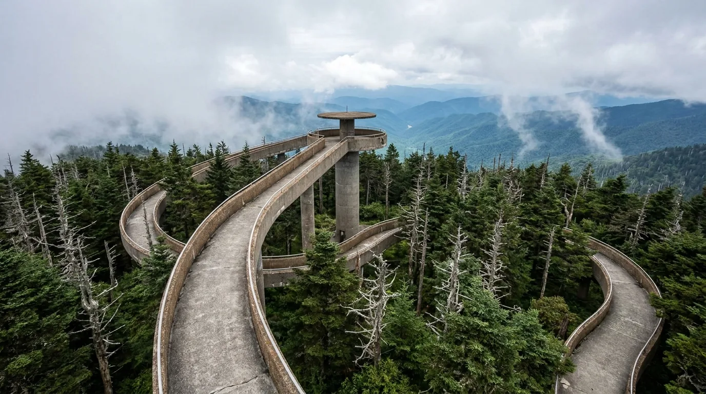 A spiral concrete observation ramp and circular tower rising above dense spruce-fir forest on a high summit with drifting mist and grey standing dead fir snags and endless blue-hazed ridges beyond, Kuwohi Clingmans Dome Great Smoky Mountains National Park, ultrarealistic photograph representative of the region