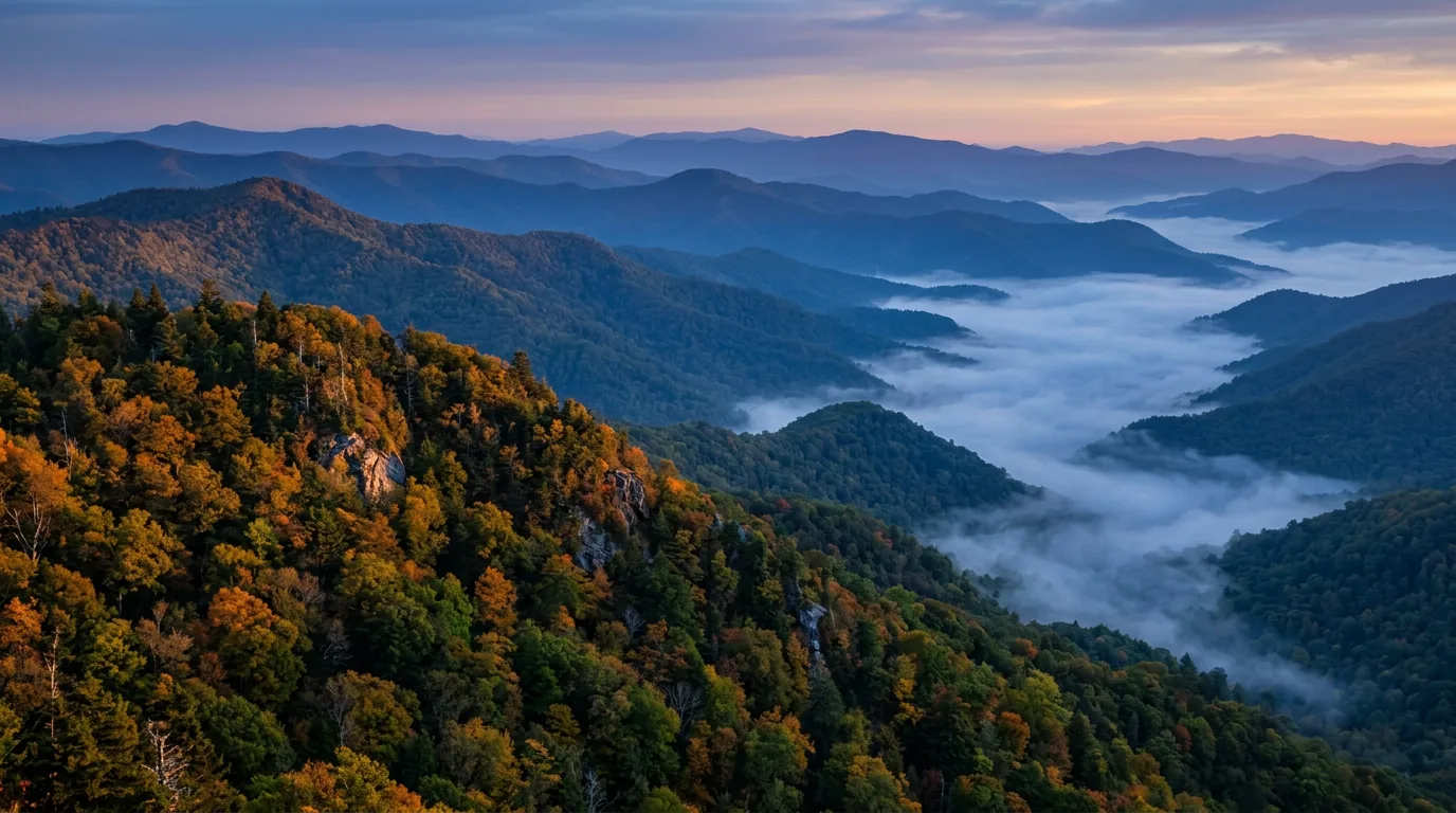 Layered forested Appalachian ridges receding into deep blue haze at dawn with fog filling the hollows below and first light on the nearest hardwood ridgeline, Great Smoky Mountains National Park Tennessee and North Carolina, ultrarealistic photograph representative of the region