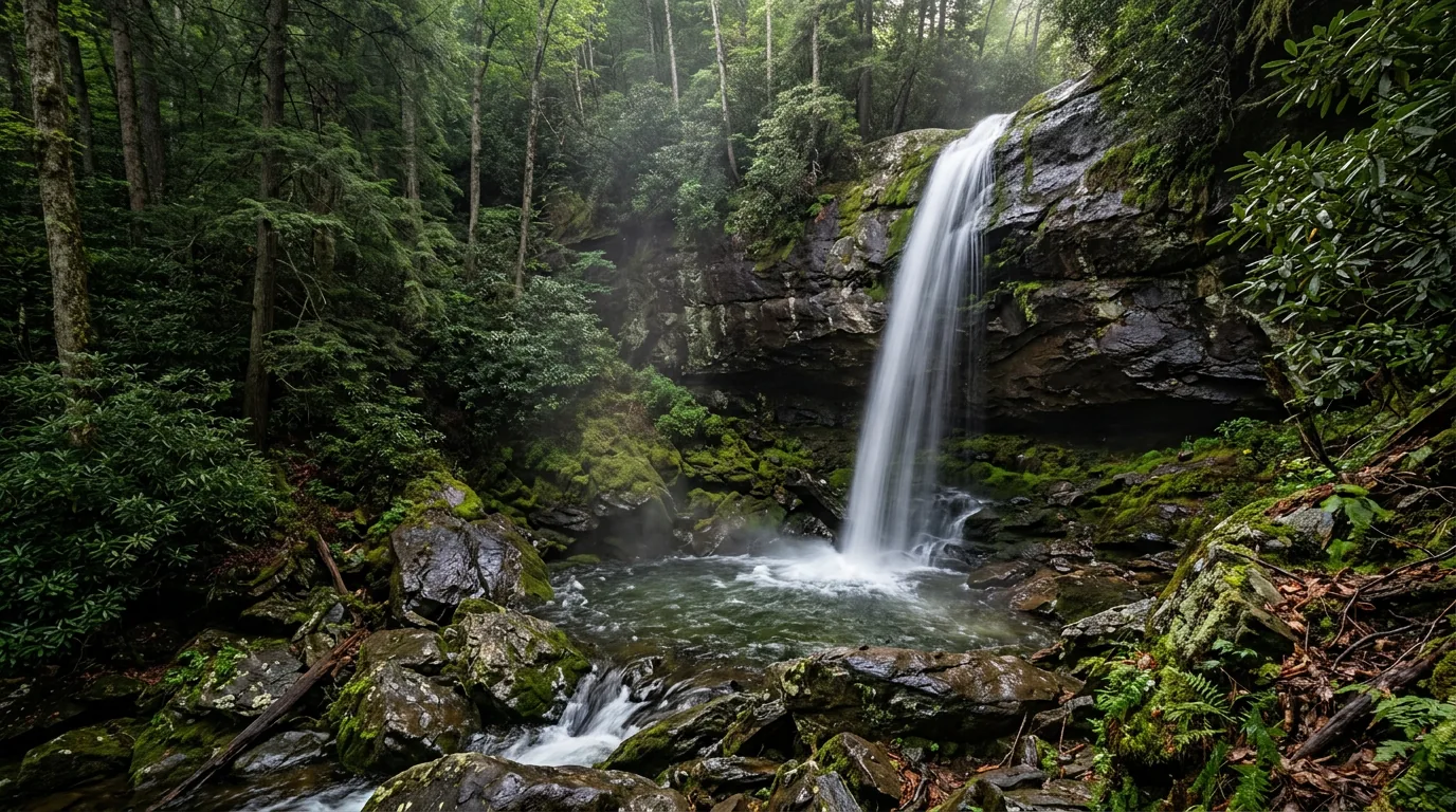 A tall slender waterfall dropping over a dark undercut rock ledge into a mossy plunge pool with wet algae-slick boulders and rhododendron and hemlock forest crowding in, fine mist in shafts of morning light, Rainbow Falls Great Smoky Mountains National Park, ultrarealistic photograph representative of the region