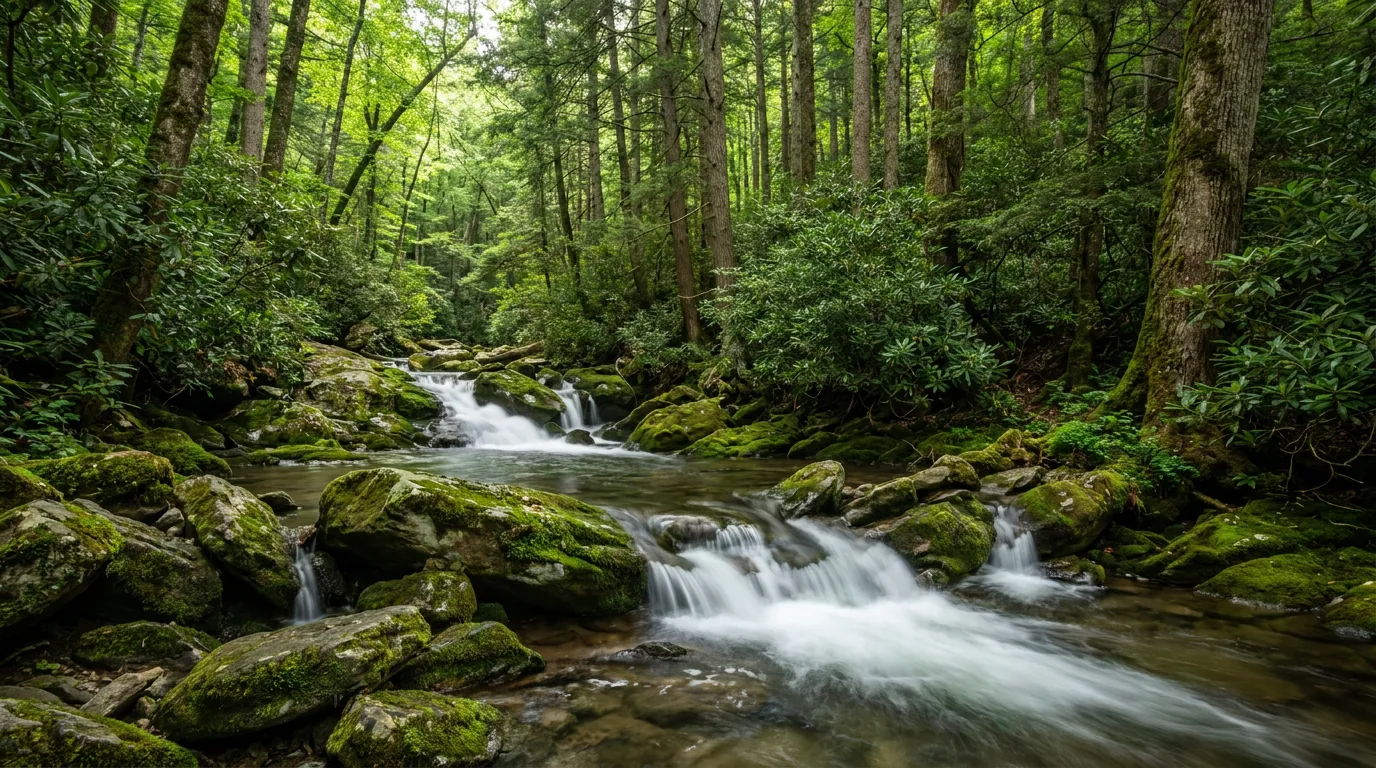 A clear boulder-strewn mountain stream tumbling through deep old-growth hardwood forest with moss-covered rocks, rhododendron thickets and huge hemlocks in dappled green light, Roaring Fork Great Smoky Mountains National Park, ultrarealistic photograph representative of the region