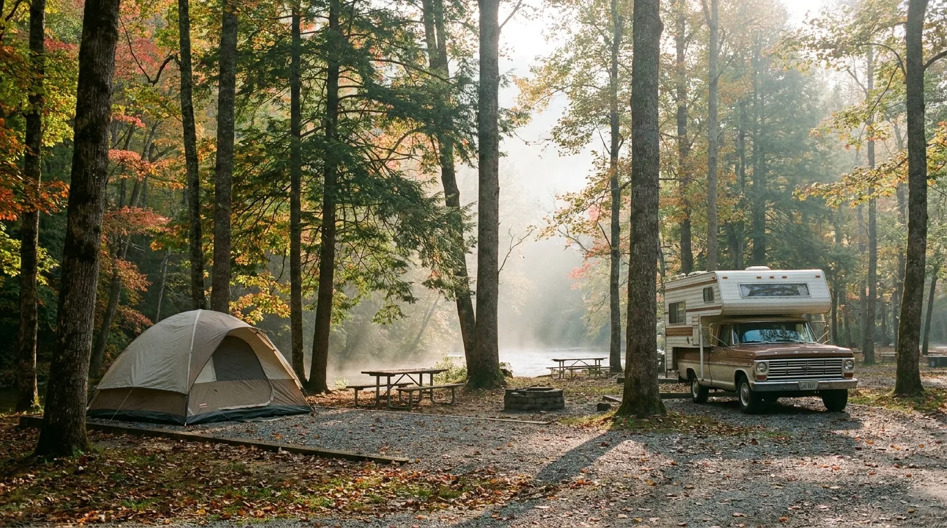 A quiet forested drive-in campground loop on a river flat with a dome tent and a pickup truck camper on gravel pads, picnic tables and fire rings among tall hardwoods and hemlocks in soft morning light and low mist, Smokemont Great Smoky Mountains National Park North Carolina, ultrarealistic photograph representative of the region