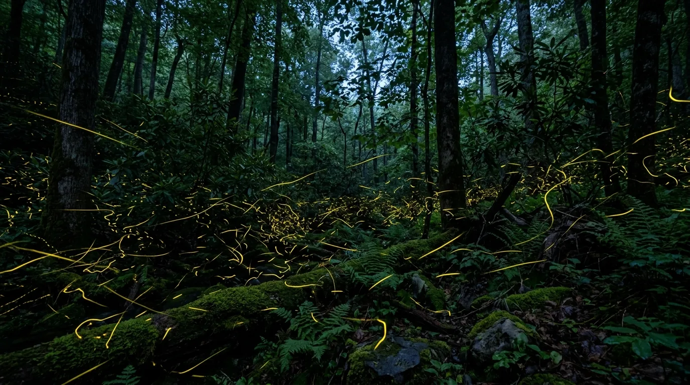 Hundreds of tiny warm yellow firefly light trails suspended in the dark understory of a humid hardwood forest at deep dusk with moss, ferns and rhododendron and faint blue twilight through the canopy, Elkmont Great Smoky Mountains National Park, ultrarealistic photograph representative of the region