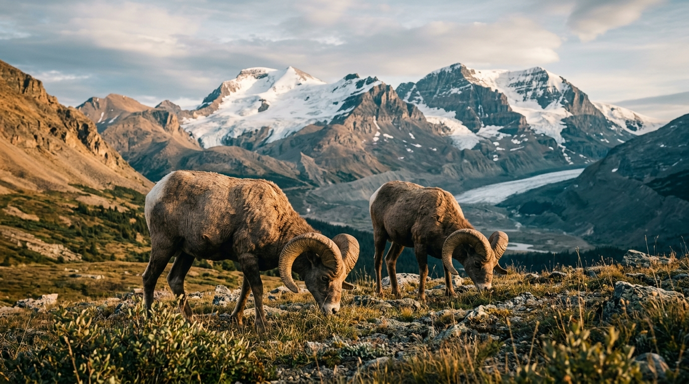 Two bighorn sheep rams on alpine tundra at Wilcox Pass with the Columbia Icefield behind