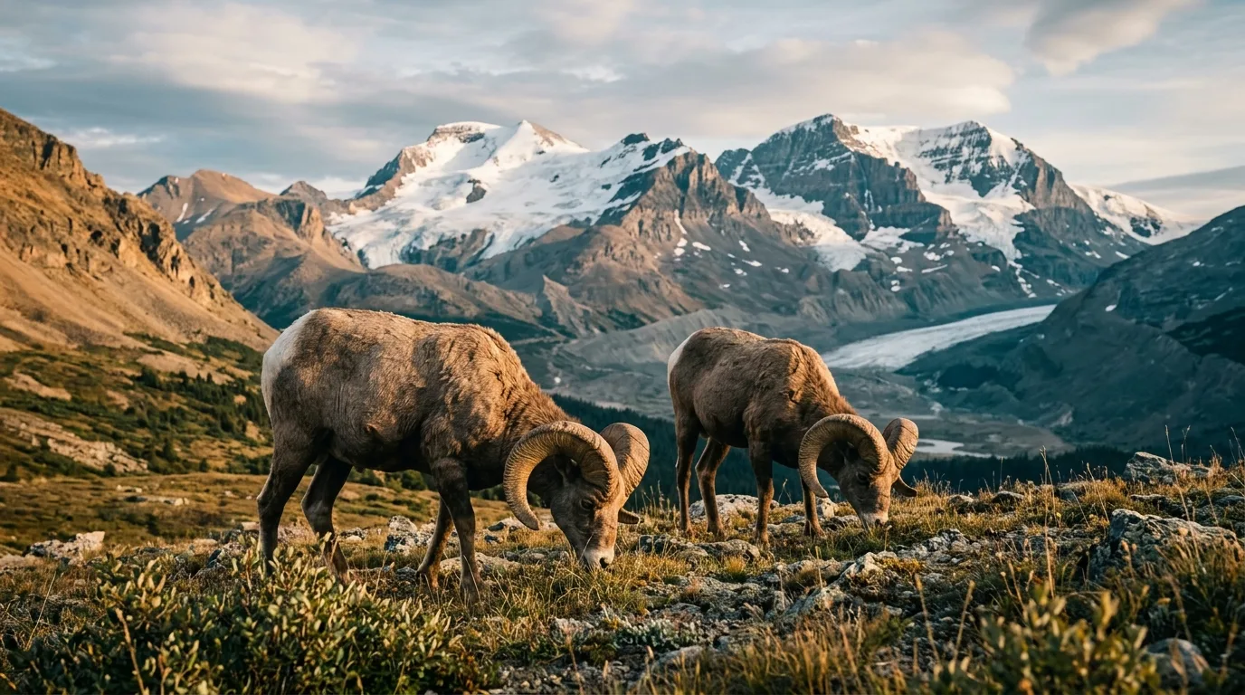 Two bighorn sheep rams on alpine tundra at Wilcox Pass with the Columbia Icefield behind