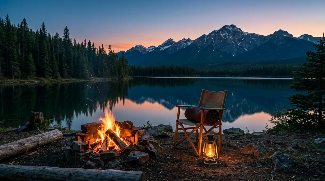 Campfire at a treed lakeside campground on the Icefields Parkway at blue hour