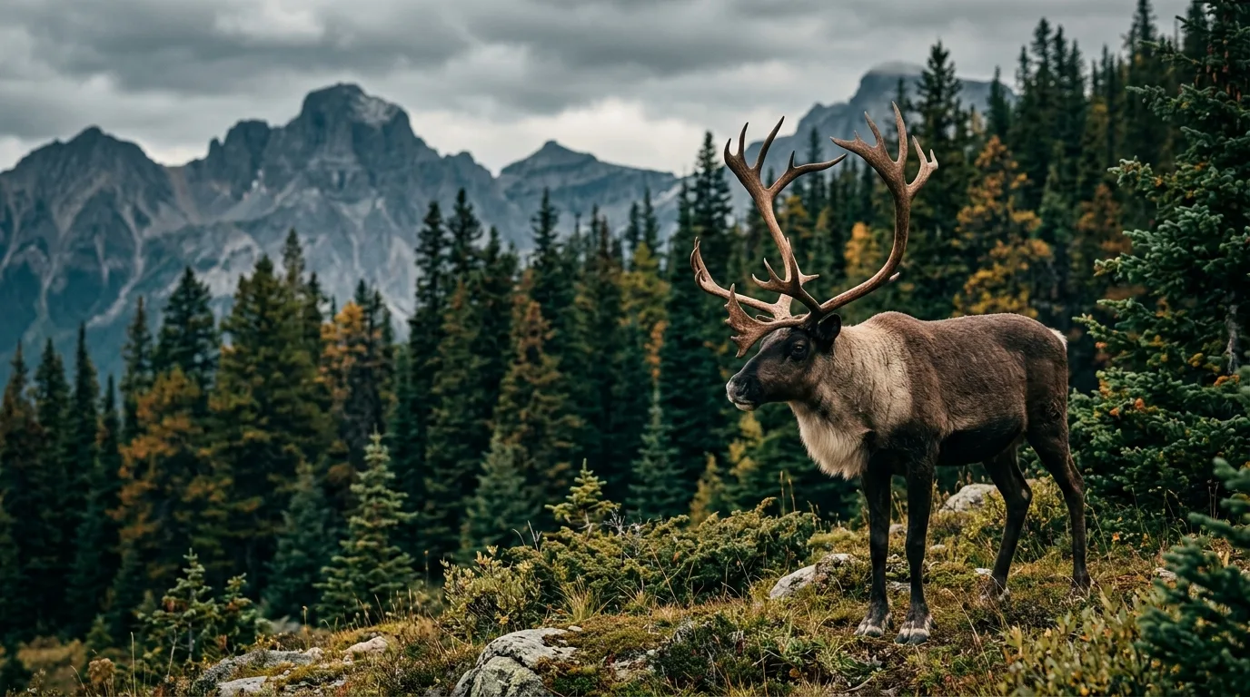 Woodland caribou bull at the edge of subalpine forest in Jasper National Park, long-lens distance