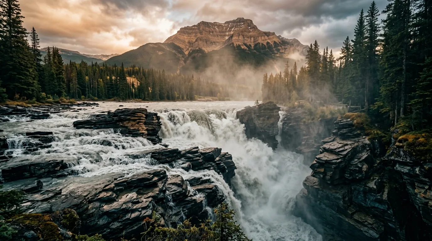 Athabasca Falls thundering through its narrow quartzite gorge