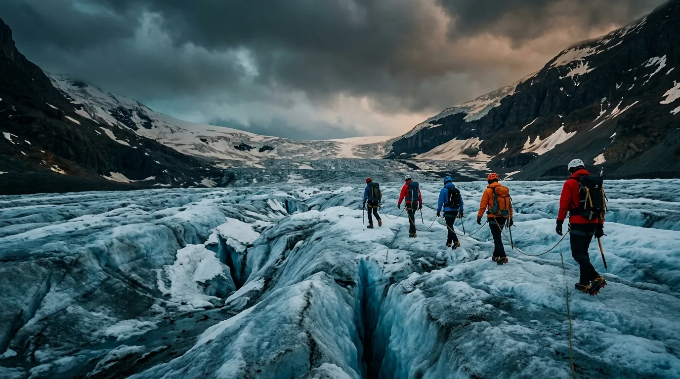 Roped guided group walking on the lower Athabasca Glacier in dramatic storm light