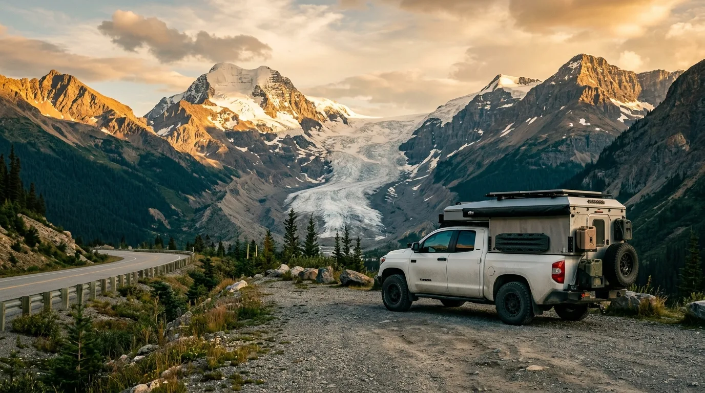 Overland truck camper at a gravel pullout on the Icefields Parkway with the Athabasca Glacier and Mount Athabasca behind, golden hour