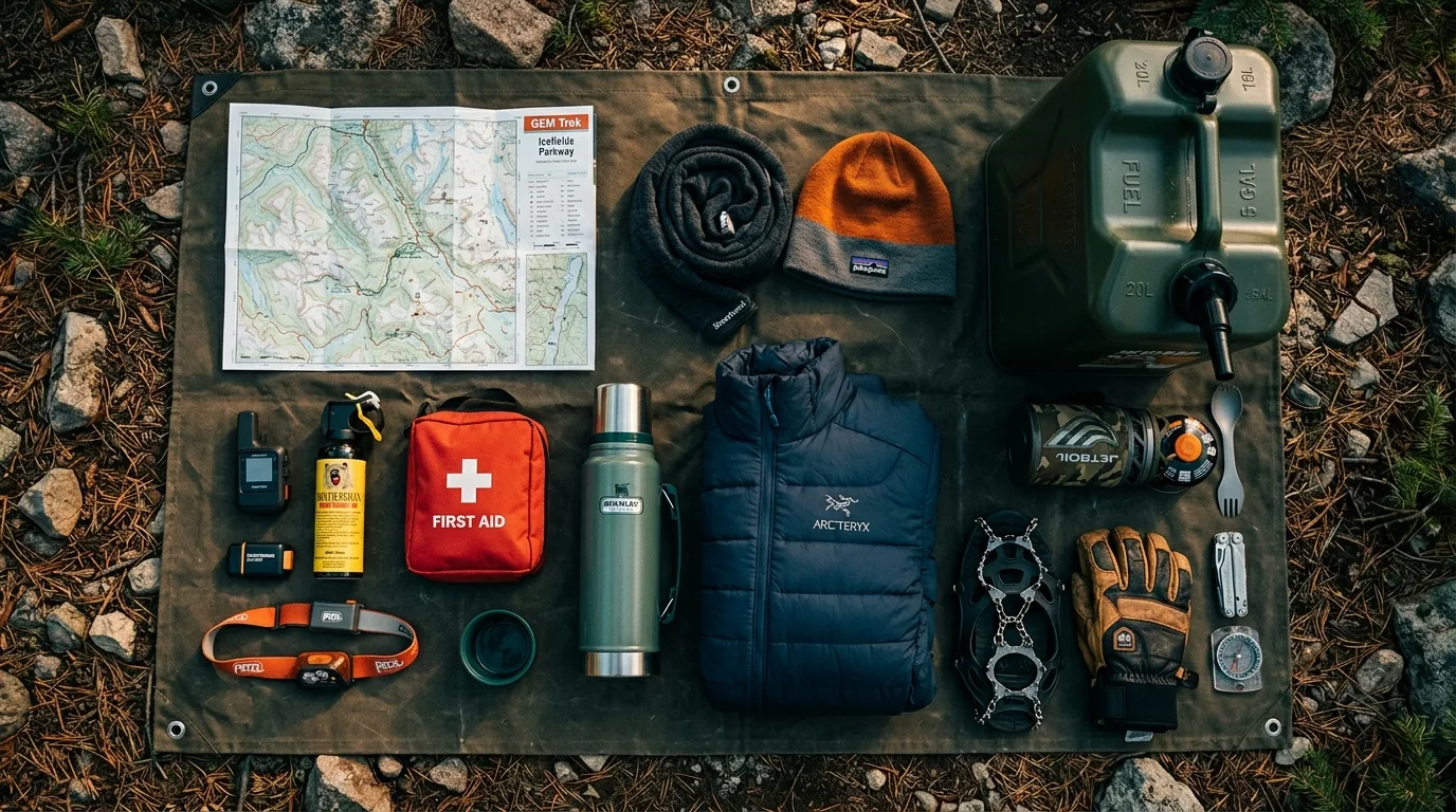 Overhead flat lay of a complete Icefields Parkway overlanding kit: topo map, satellite communicator, bear spray, jerry can, warm layers, stove