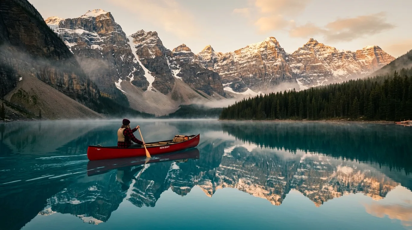 Red canoe on a calm turquoise glacial lake at dawn near the Icefields Parkway