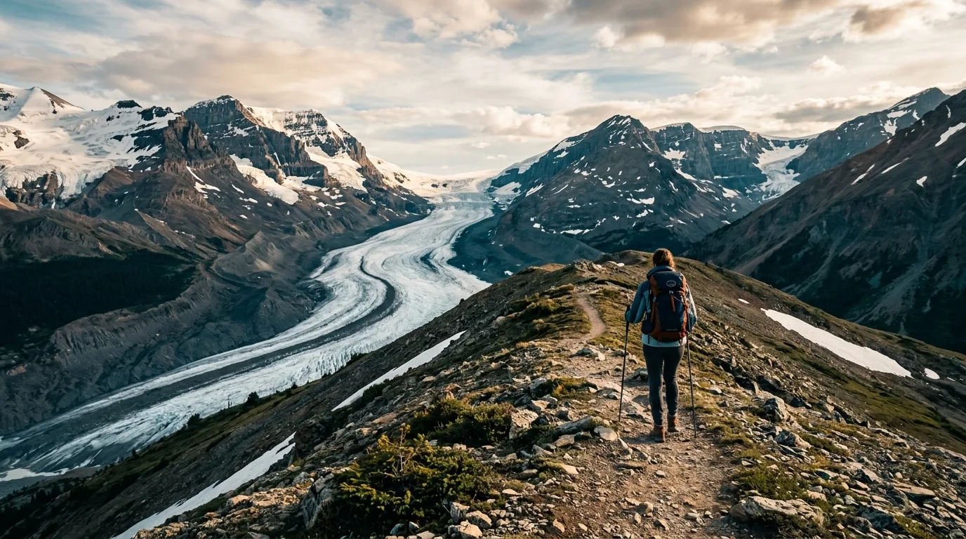 Hiker on the Parker Ridge trail high above the Saskatchewan Glacier