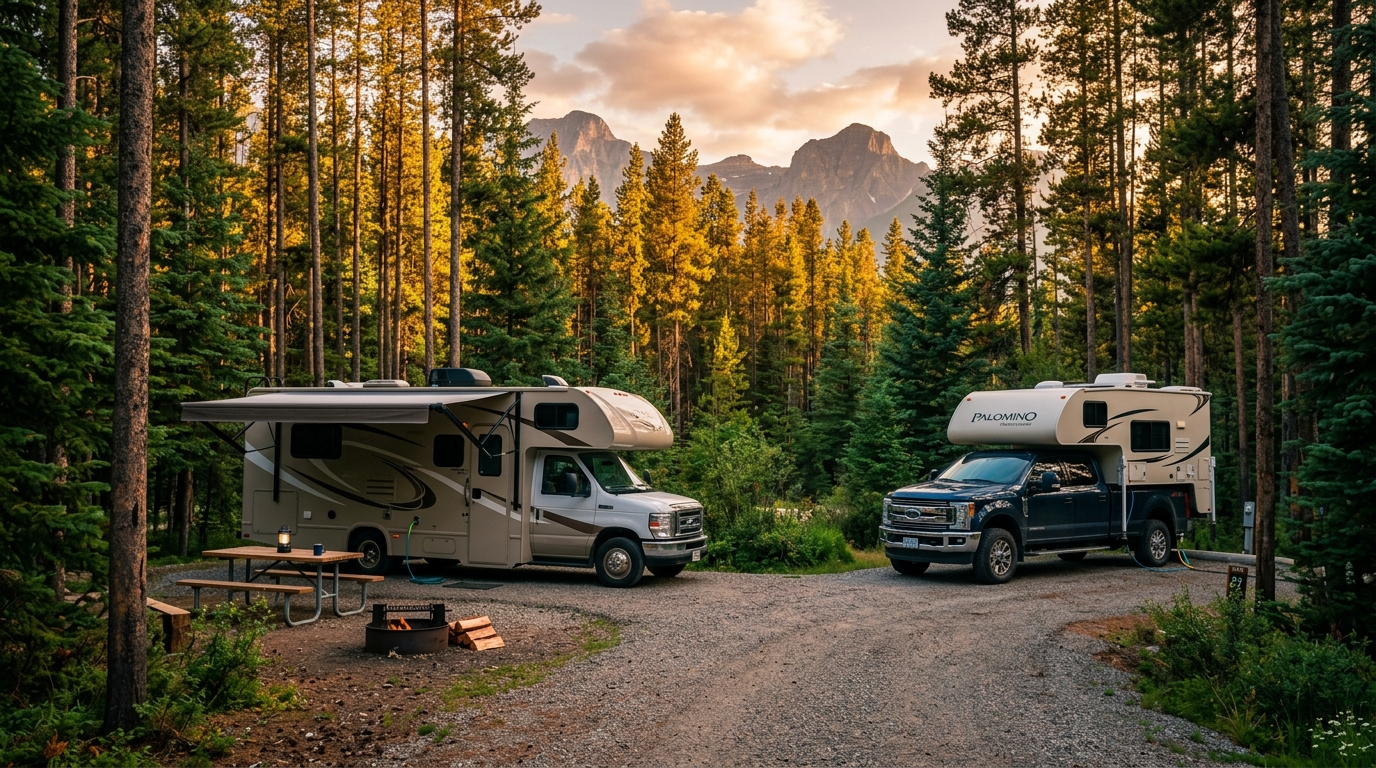 RV and truck camper at a forested serviced campground loop near Jasper on a summer evening