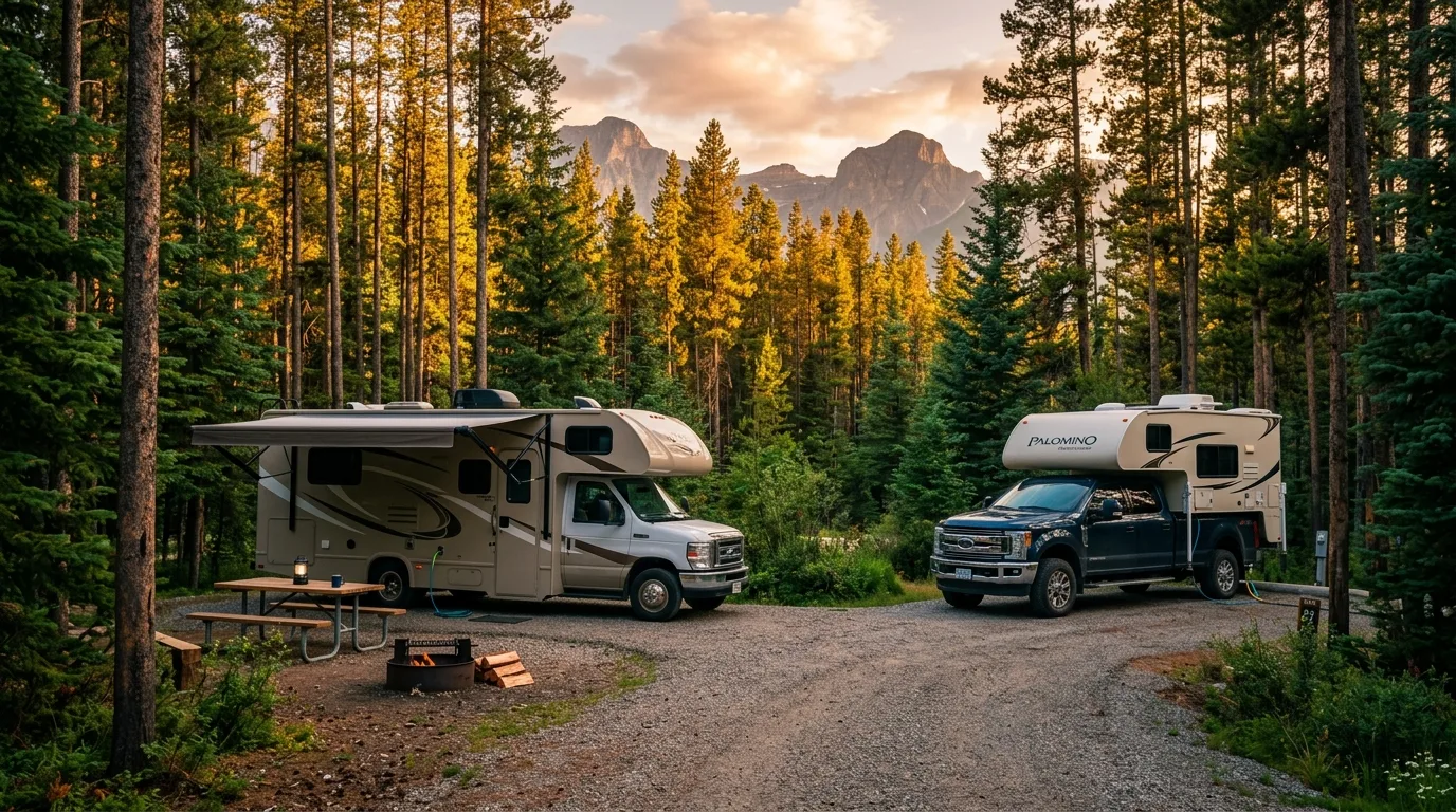 RV and truck camper at a forested serviced campground loop near Jasper on a summer evening