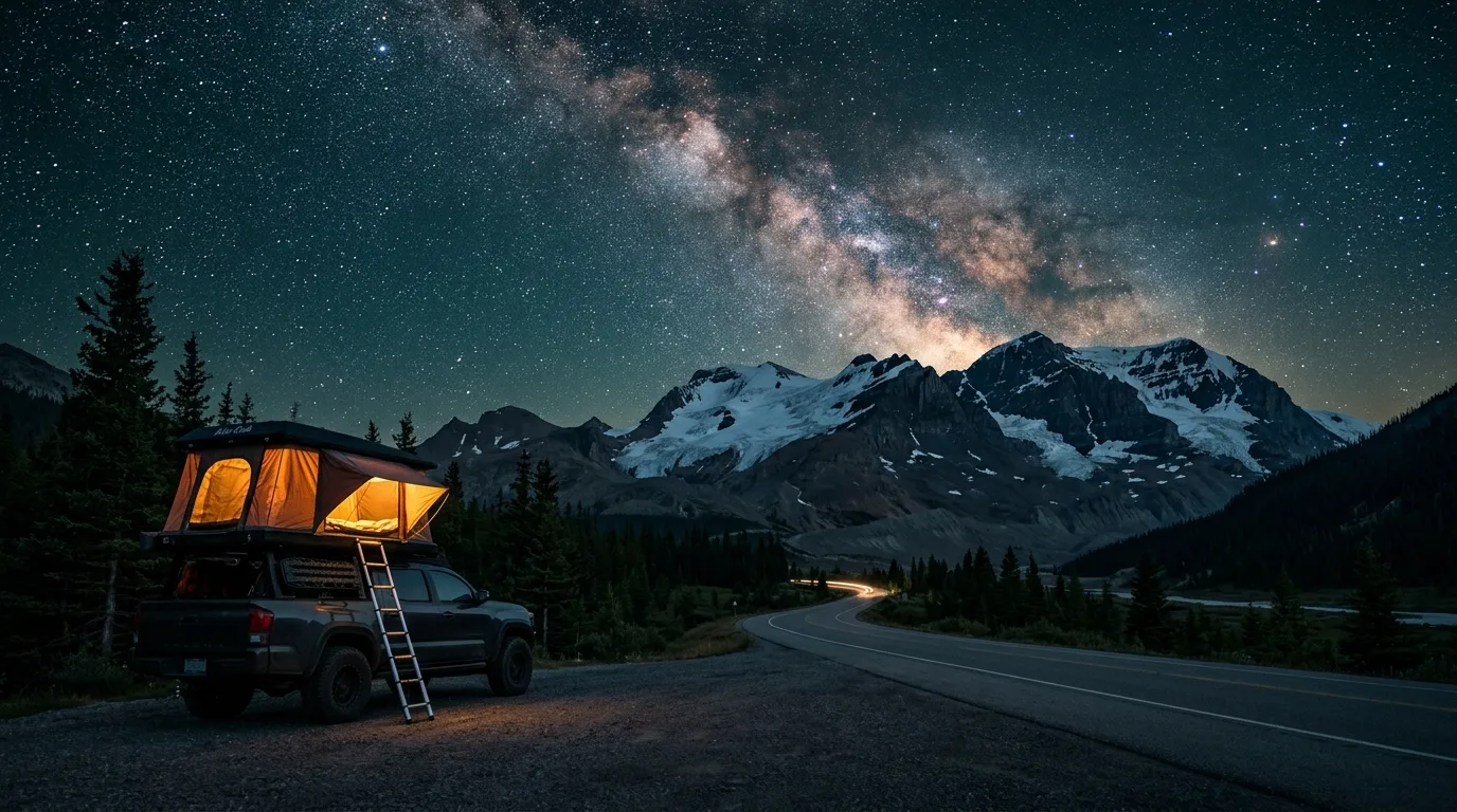 Milky Way over the Icefields Parkway with a rooftop tent glowing at a dark pullout in the Jasper Dark Sky Preserve