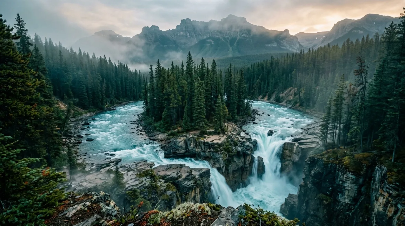 Sunwapta Falls with its forested island splitting the river above the drop, morning mist
