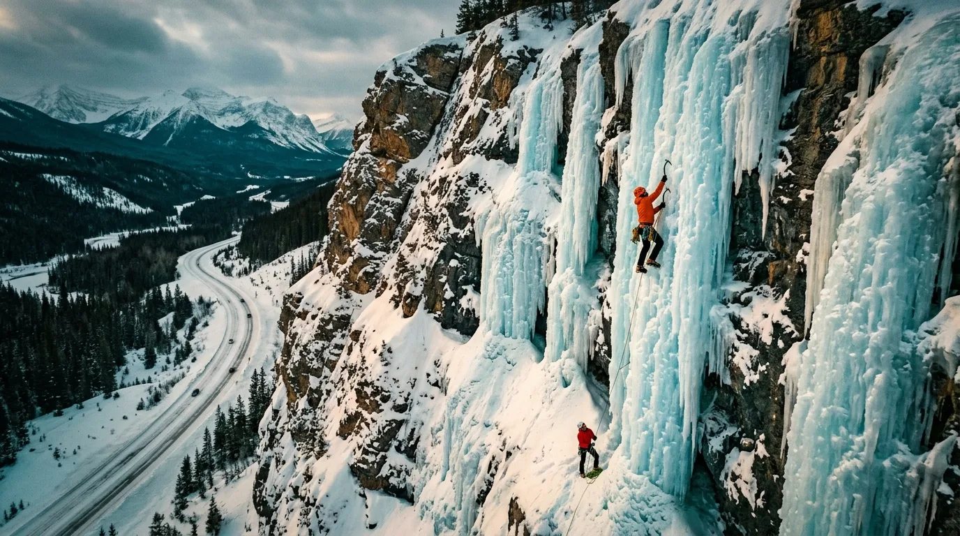 Ice climbers on the huge frozen blue icefalls of the Weeping Wall beside the snow-covered Icefields Parkway