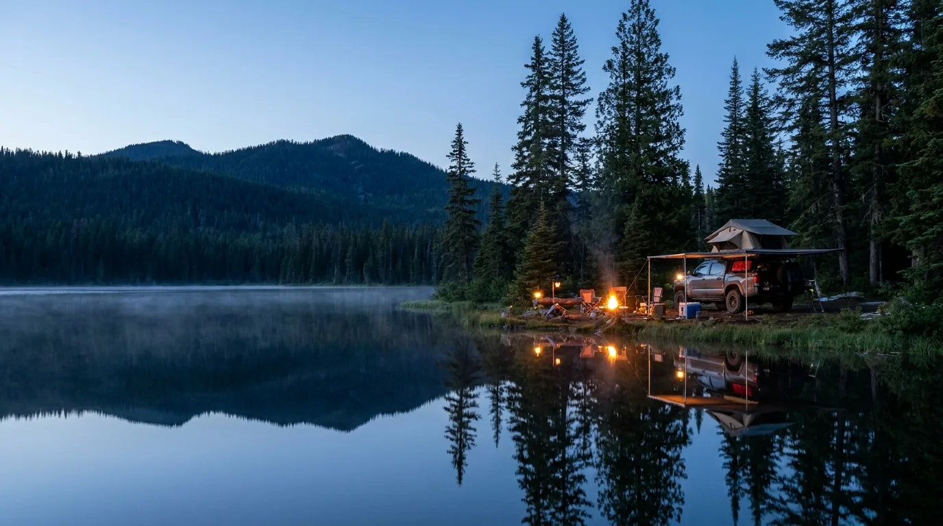 A camp among tall cedars on a lakeshore at dusk, a rig and awning with still water and a dark ridge beyond, Idaho Panhandle campsite, illustrative render in the series style