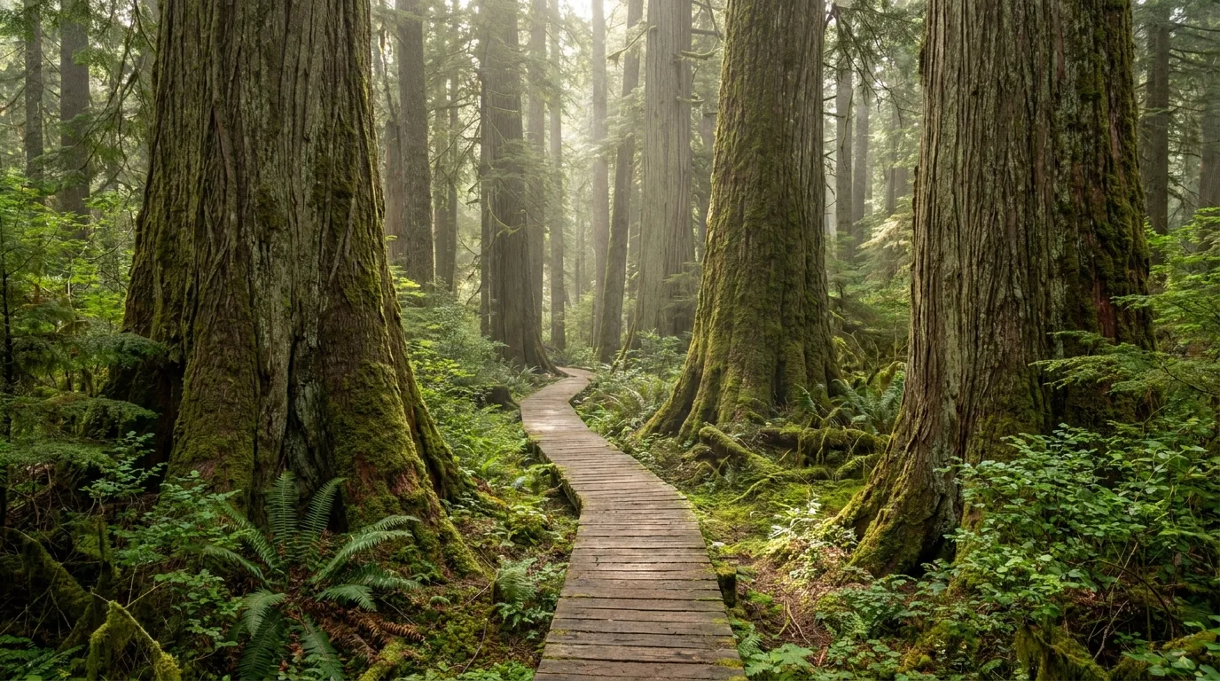 A sub-mile boardwalk winding between massive ancient cedar trunks in deep green old-growth forest, illustrative render in the series style