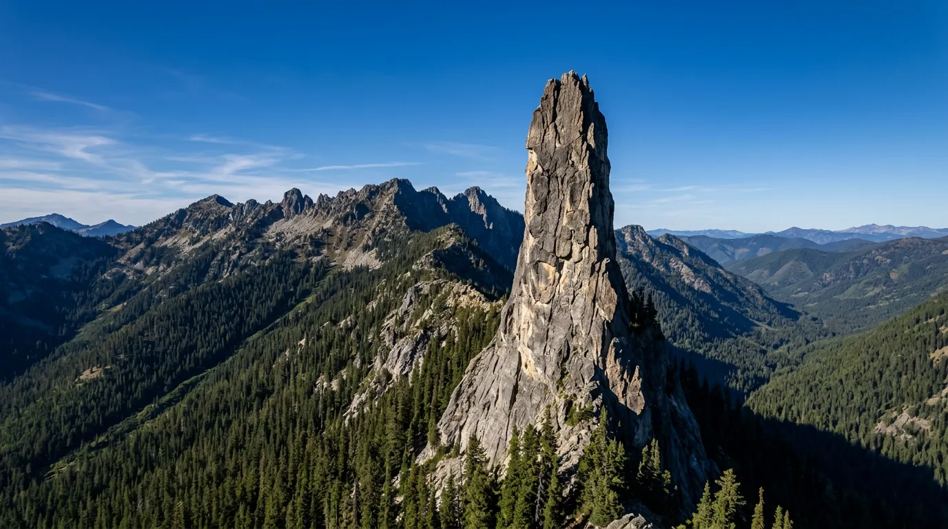 A slender granite tower rising from a forested Selkirk ridge against a hard blue sky, Chimney Rock, illustrative render in the series style