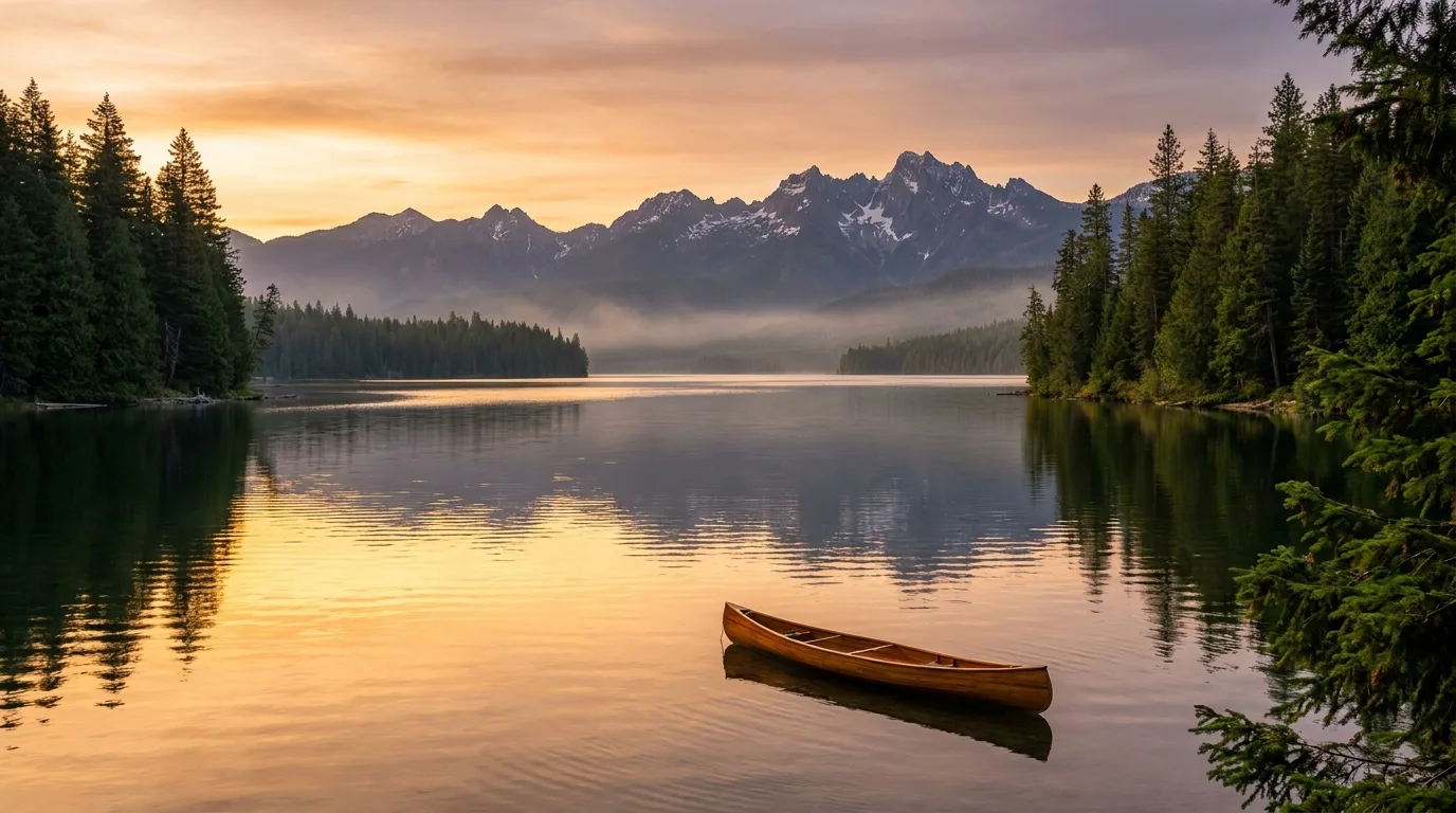 Glassy blue lake water backed by dark cedar-and-hemlock forest rising to a granite Selkirk peak at first light, the Idaho Panhandle, illustrative render in the series style