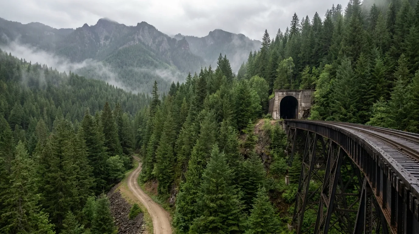 Cyclists riding out of a dark rail tunnel onto a high curving trestle above a forested valley, the Route of the Hiawatha, illustrative render in the series style