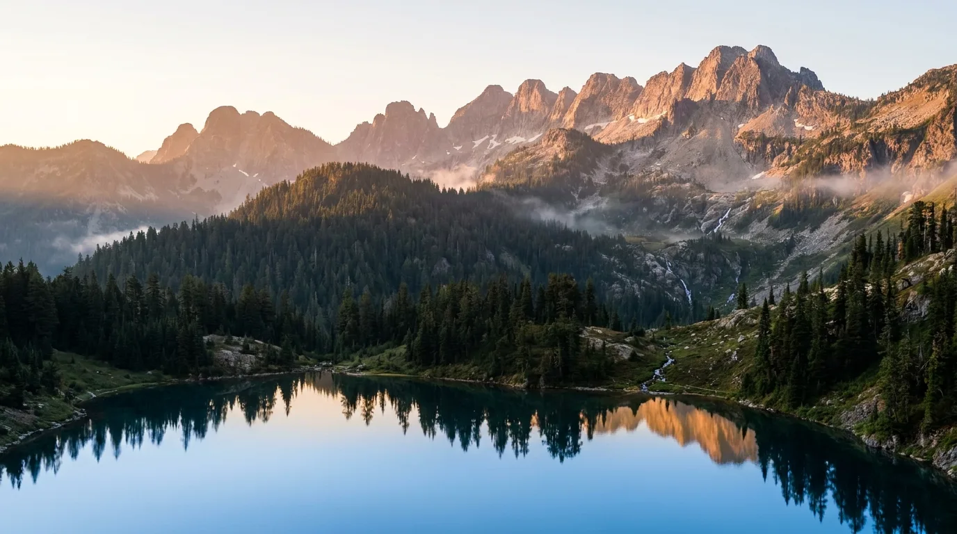 A layered North Idaho landscape: a broad blue lake in the foreground, dense conifer forest in the middle, and a granite ridgeline catching light behind, illustrative render in the series style