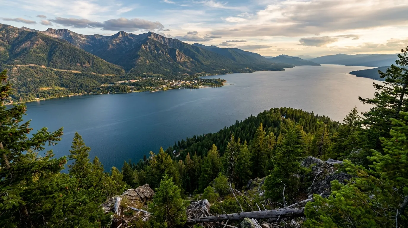 A vast deep-blue mountain lake seen from a forested ridge, a small town on the far shore and higher peaks beyond, Lake Pend Oreille from Schweitzer, illustrative render in the series style