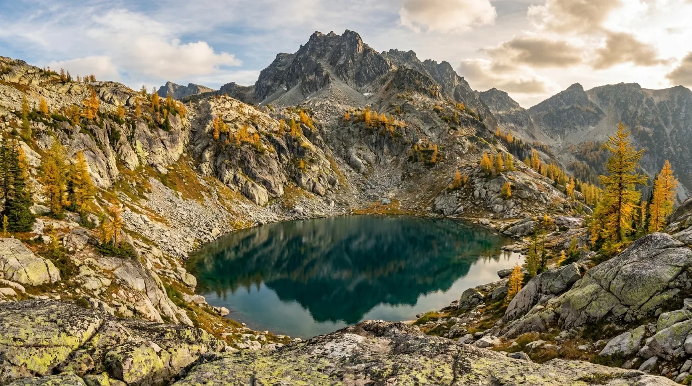 A clear alpine tarn in a granite amphitheatre with scattered larch and a rocky peak above, the Selkirk Crest, illustrative render in the series style