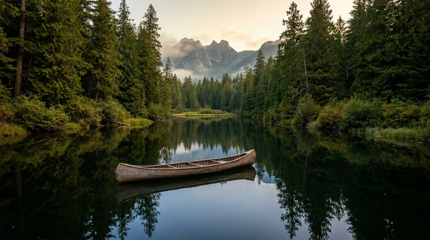 A canoe crossing a narrow, glassy forest channel between two lakes with cedar banks and granite peaks beyond, the Thoroughfare to Upper Priest Lake, illustrative render in the series style