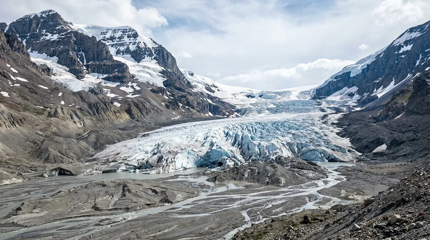 The toe of the Athabasca Glacier spilling down from the Columbia Icefield above the Icefields Parkway, meltwater and moraine in the foreground, Jasper National Park, open in 2026