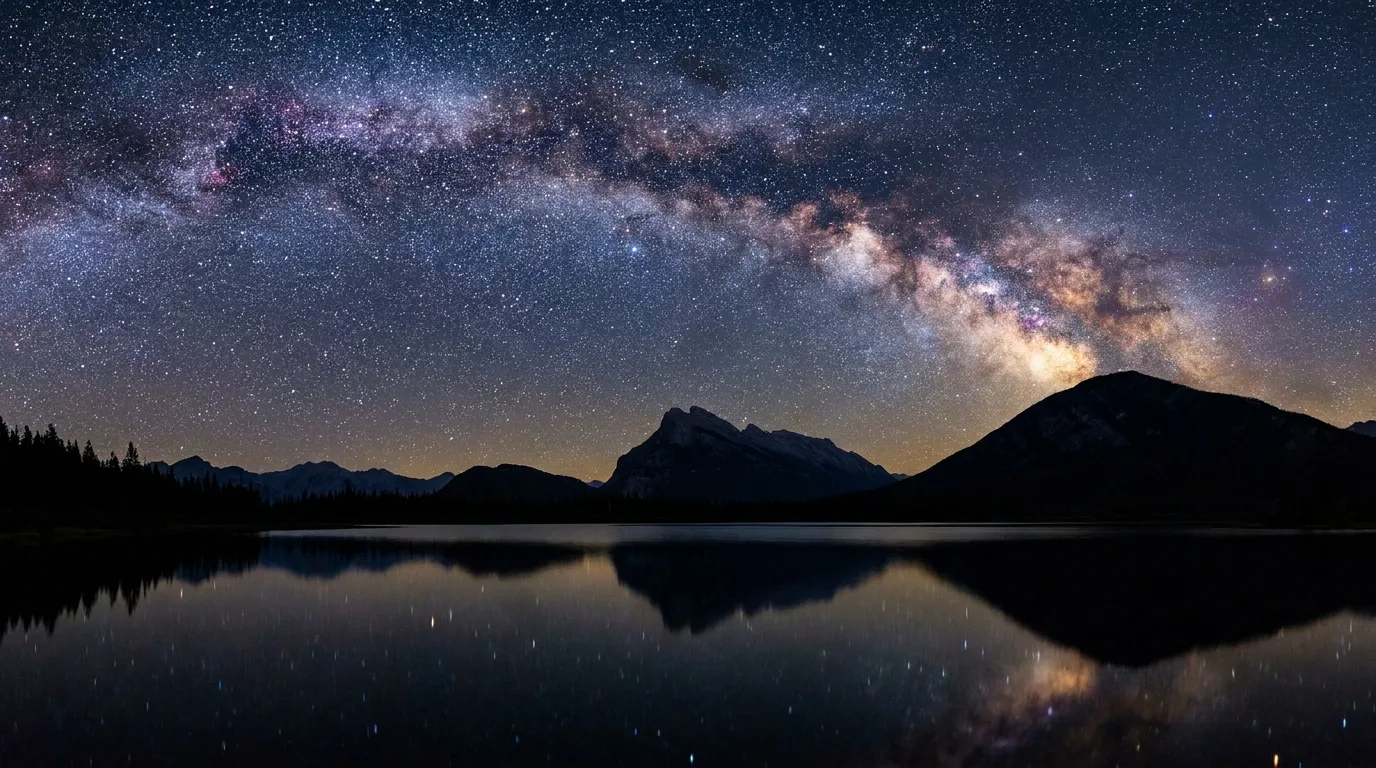 The Milky Way arching over silhouetted Rocky Mountain peaks and a still dark lake, no artificial light, Jasper Dark-Sky Preserve, Jasper National Park