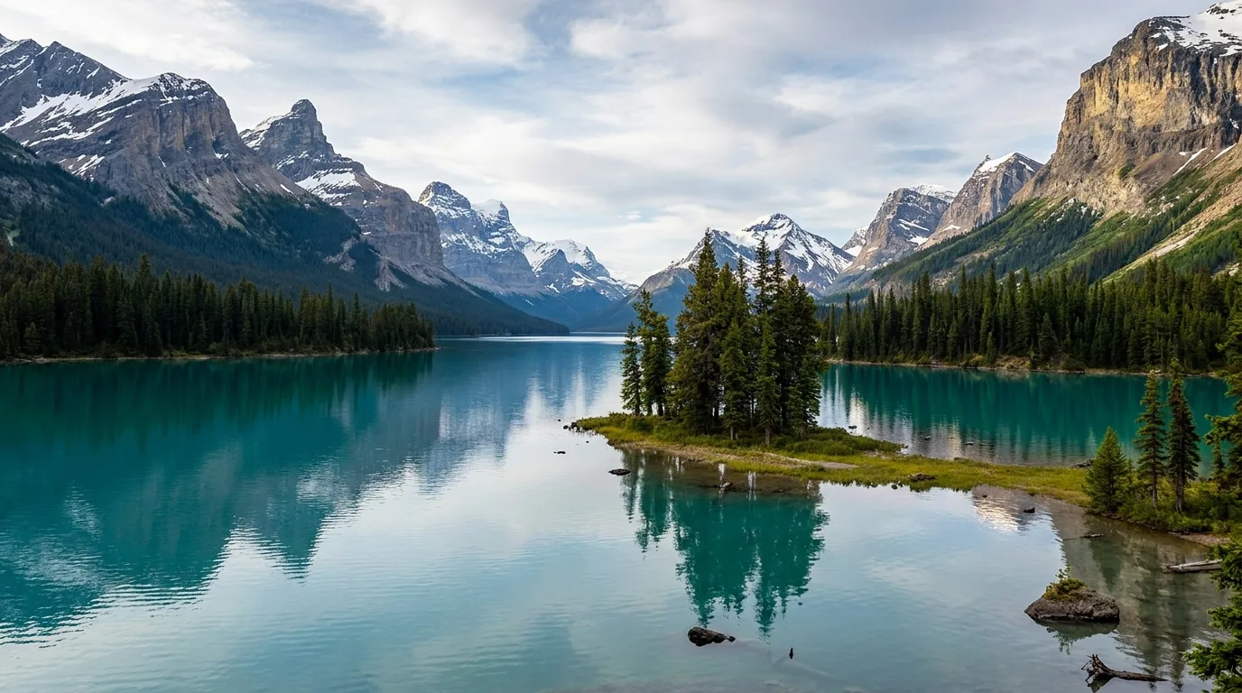 Spirit Island, a tiny tree-topped islet on the glacier-fed turquoise water of Maligne Lake, ringed by snow-streaked peaks, Jasper National Park — an open 2026 scene