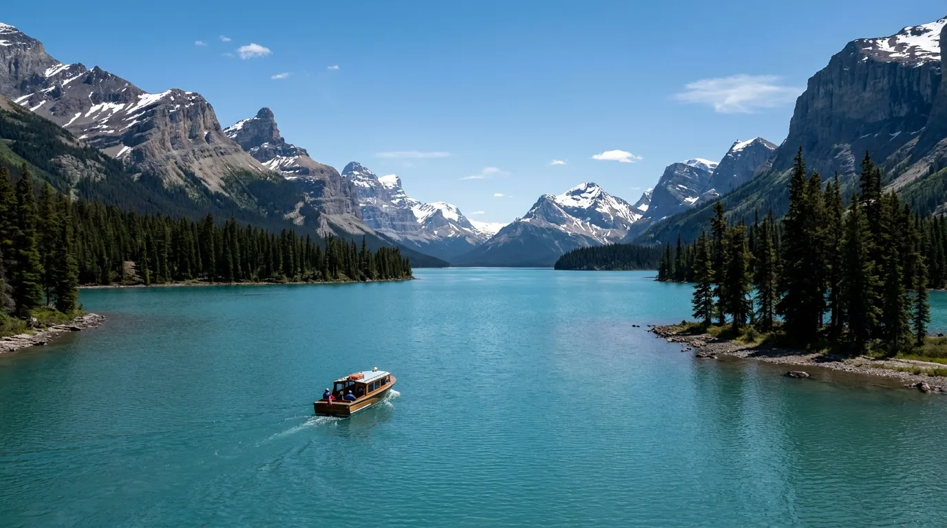 A tour boat crossing the deep turquoise, glacier-fed water of Maligne Lake between forested shores and snow-streaked peaks, Jasper National Park, an open 2026 scene