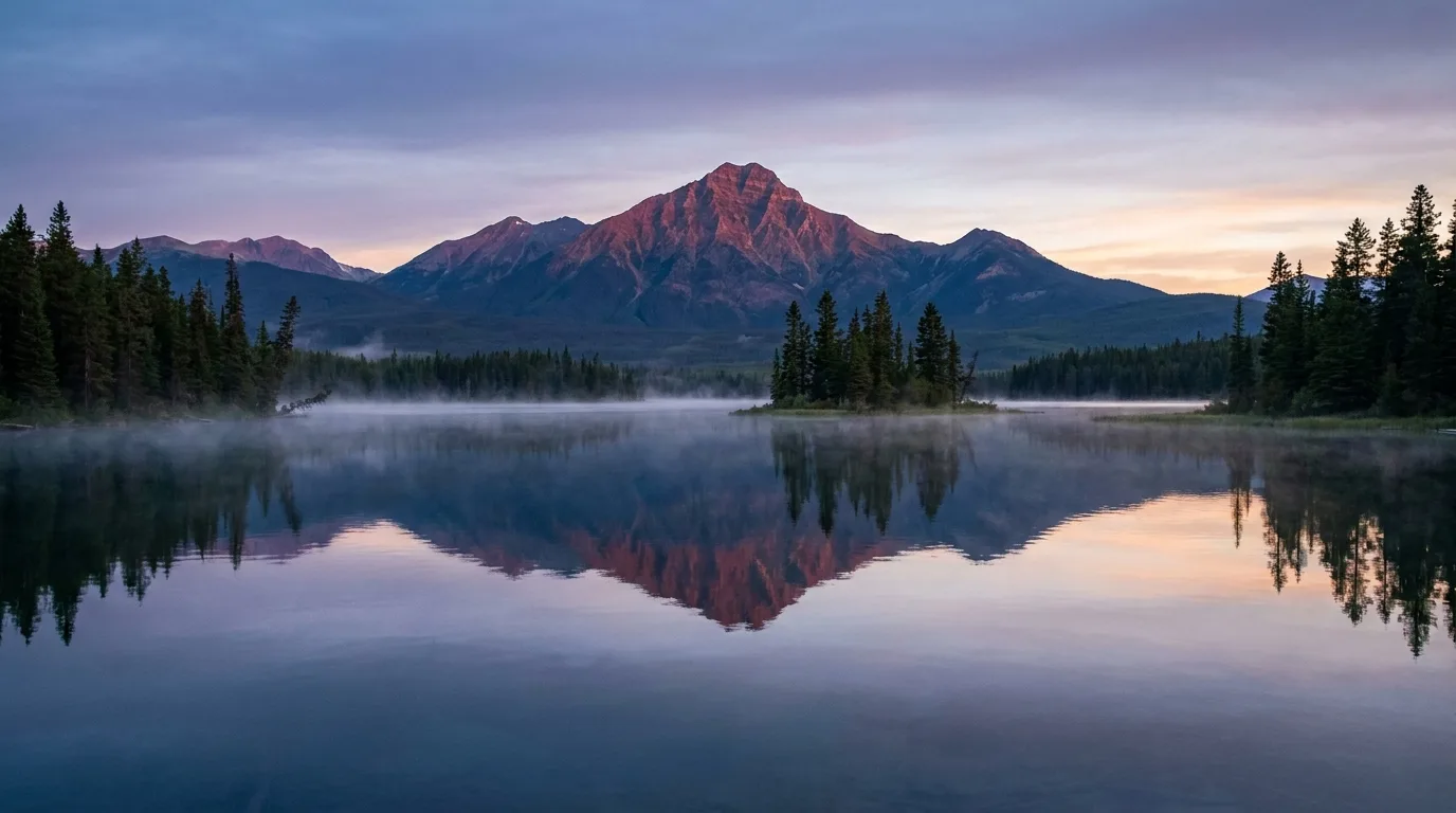 Still dawn water of Pyramid Lake reflecting the reddish pyramid-shaped bulk of Pyramid Mountain, a small forested island offshore, near Jasper townsite, an open 2026 scene