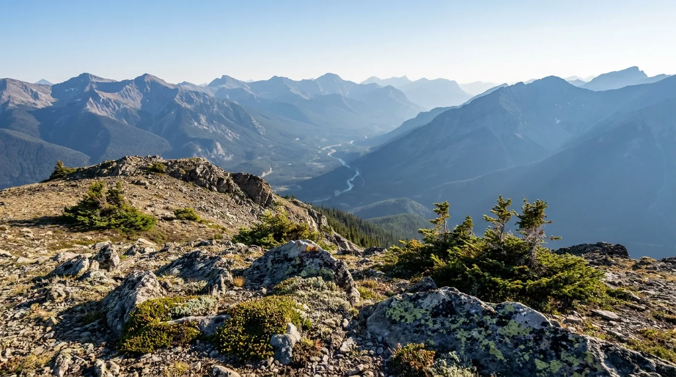 A hiker on the bare 360-degree summit of Sulphur Skyline above the Fiddle valley, layered Rocky Mountain ridges receding into distance, near Miette Hot Springs, Jasper National Park, open in 2026