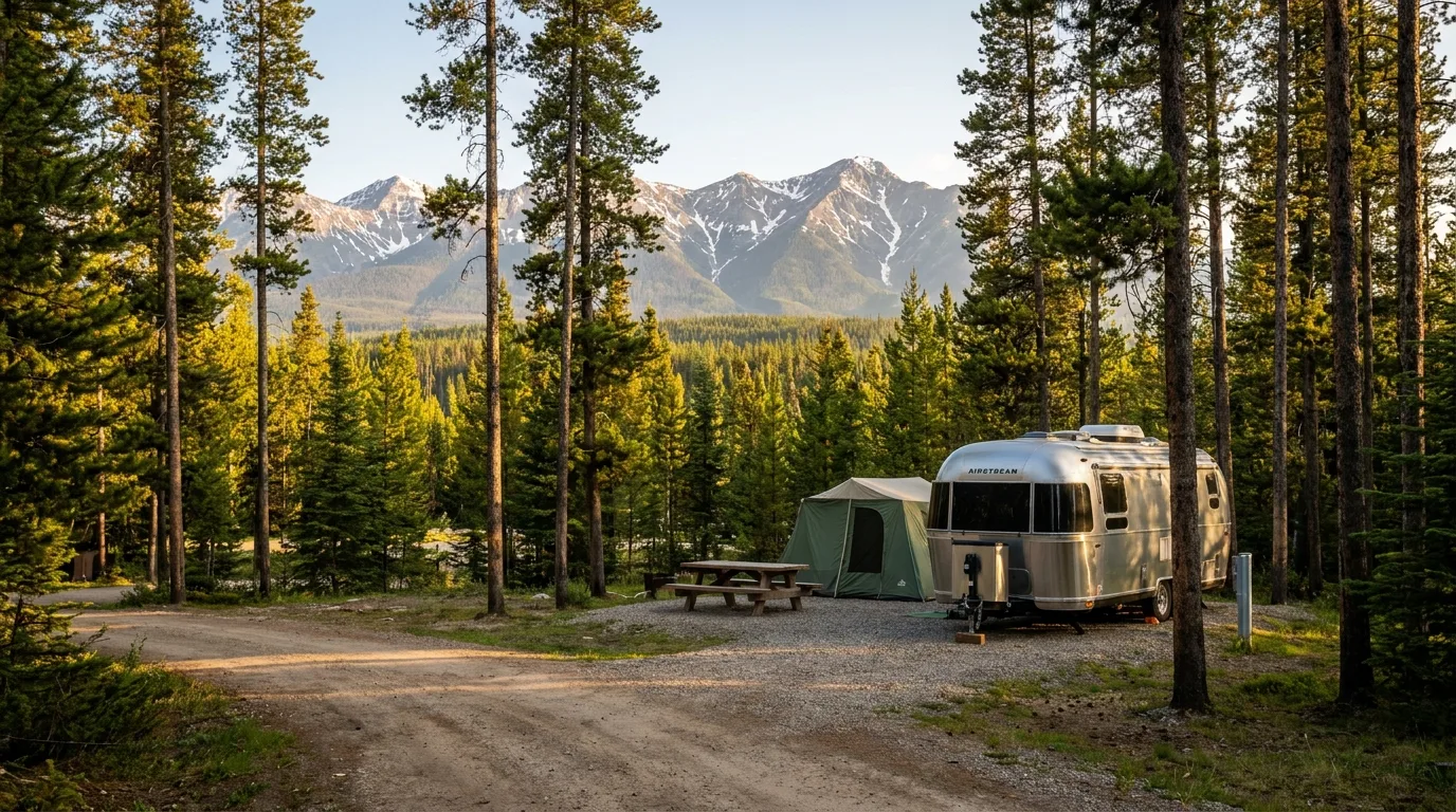 An RV and tent among tall lodgepole pines at a serviced Rocky Mountain campground loop at golden hour, snow-streaked peaks behind, Whistlers Campground, Jasper National Park, open in 2026