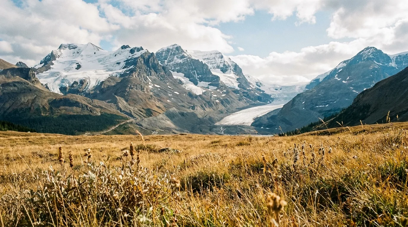 An open alpine meadow at Wilcox Pass looking across the valley to the ice-capped peaks and glaciers of the Columbia Icefield, a hiker small in the foreground, Jasper National Park, open in 2026