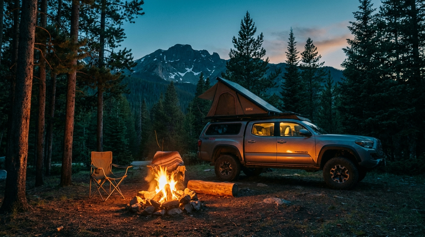 Campfire at a wooded Rocky Mountain campground at blue hour in Kananaskis Country