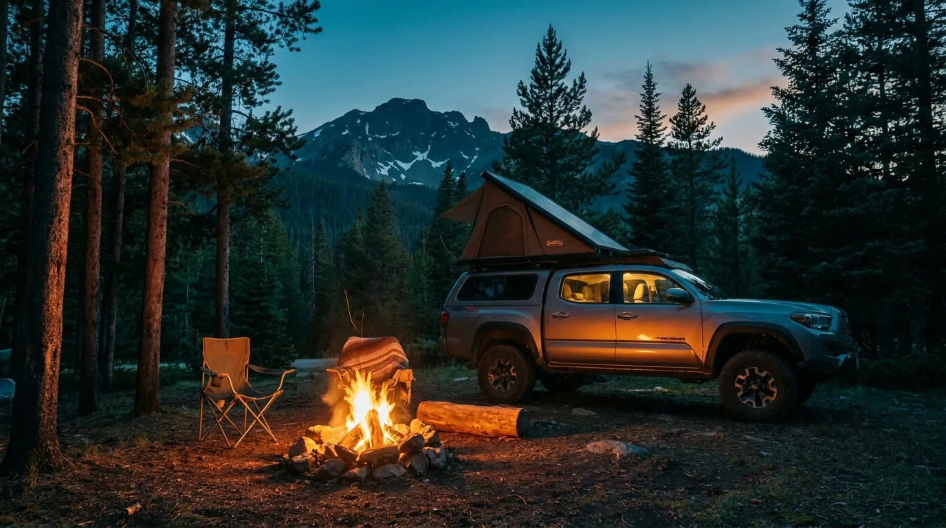 Campfire at a wooded Rocky Mountain campground at blue hour in Kananaskis Country