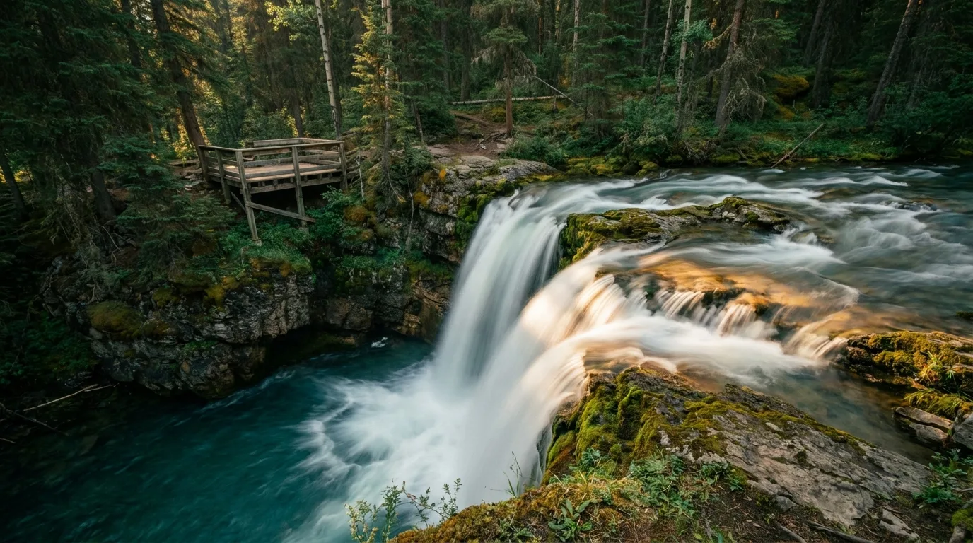 Woodland waterfall with viewing platform in Kananaskis Country, Alberta