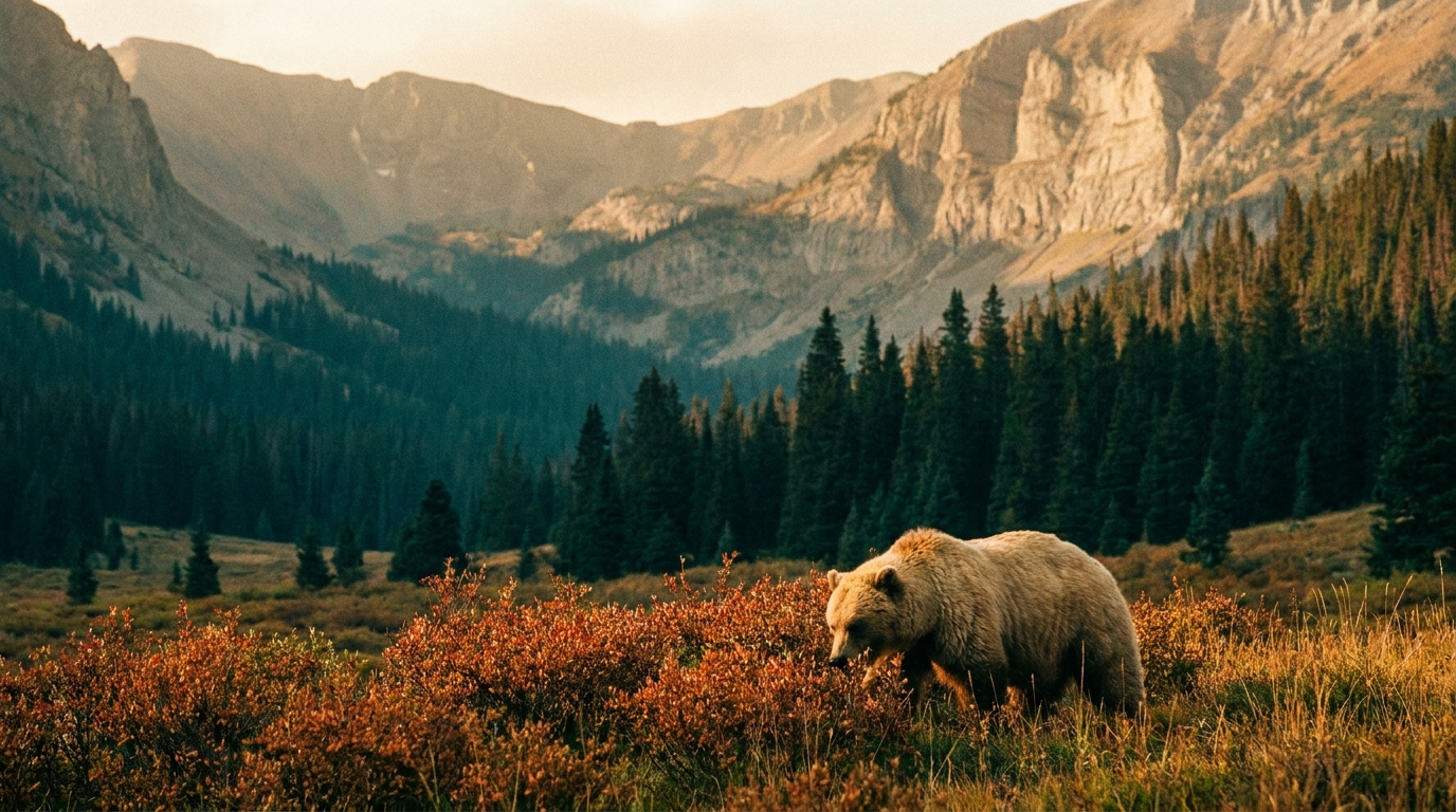Grizzly bear in a buffaloberry meadow in Kananaskis Country, photographed at a long-lens distance
