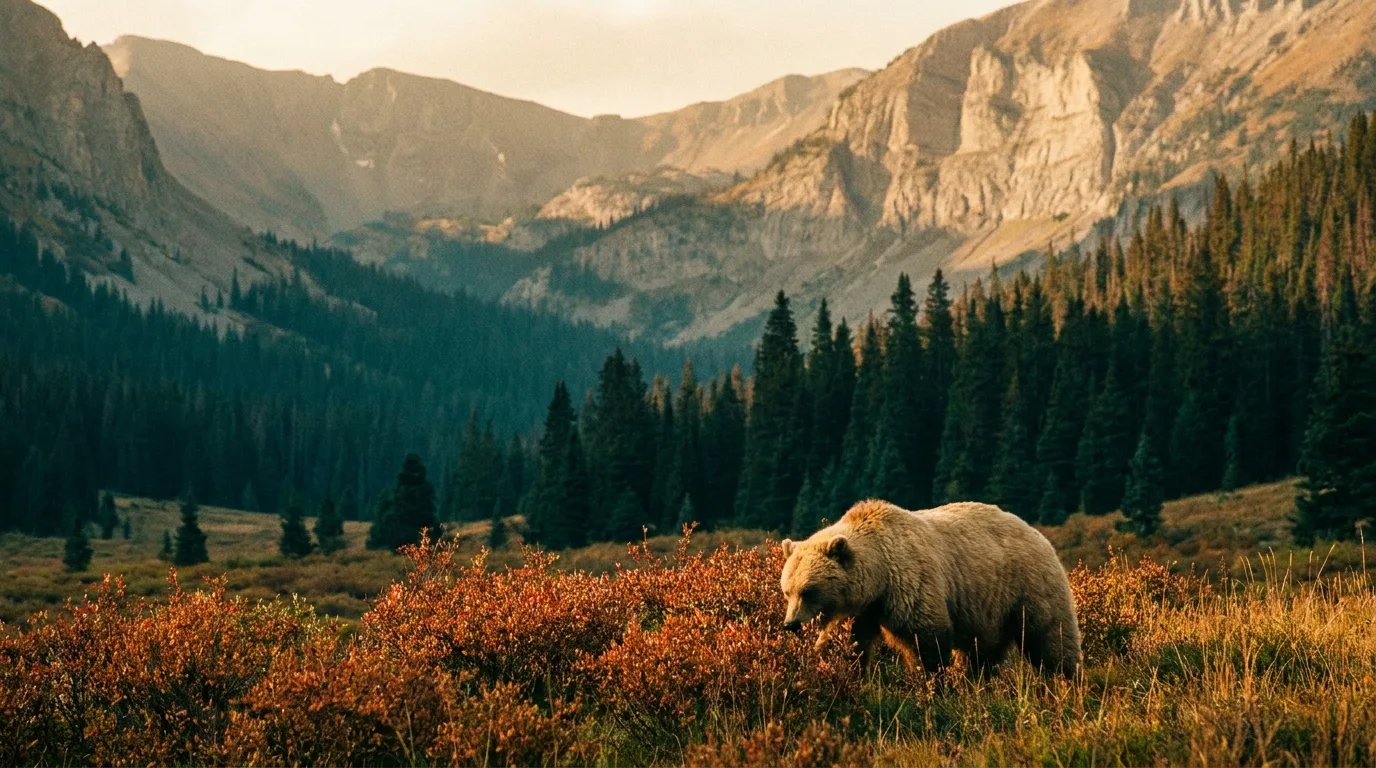 Grizzly bear in a buffaloberry meadow in Kananaskis Country, photographed at a long-lens distance