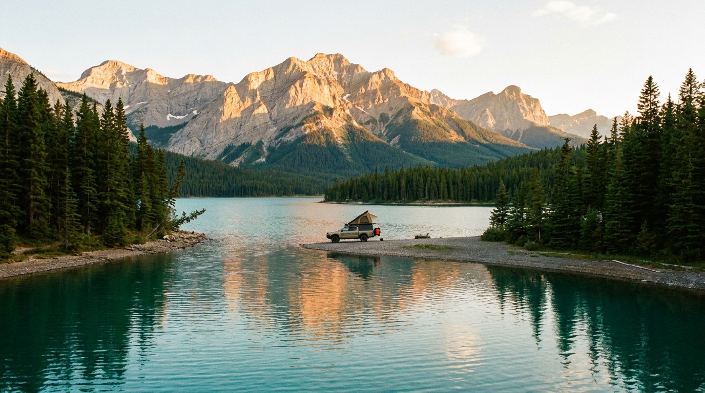 Upper Kananaskis Lake at golden hour with an overlanding rig on the shoreline, Canadian Rockies, Alberta