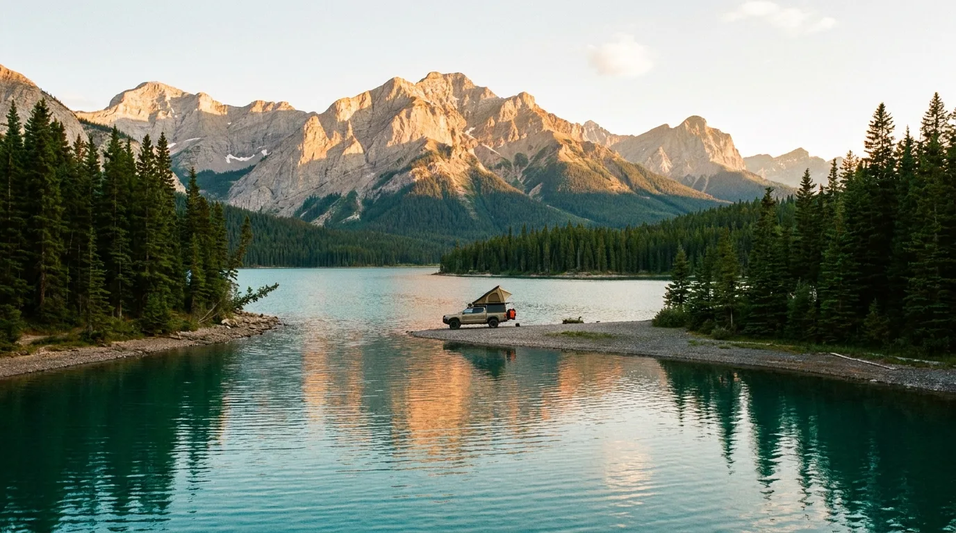 Upper Kananaskis Lake at golden hour with an overlanding rig on the shoreline, Canadian Rockies, Alberta