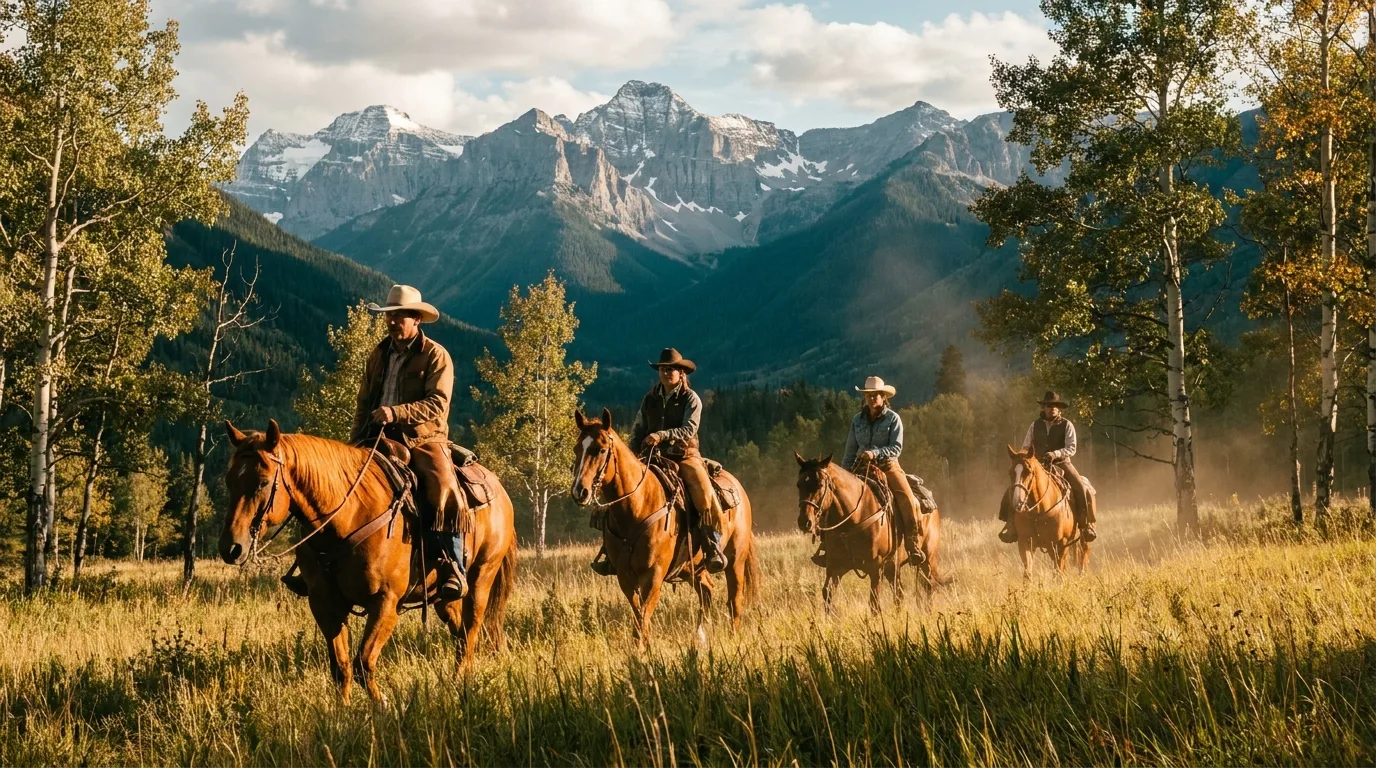 Trail riders on horseback crossing an open meadow in the Kananaskis foothills