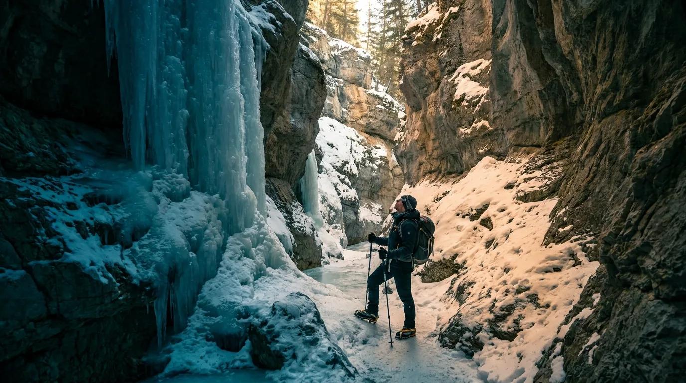 Hiker with ice cleats walking through Grotto Canyon past a frozen blue icefall in winter