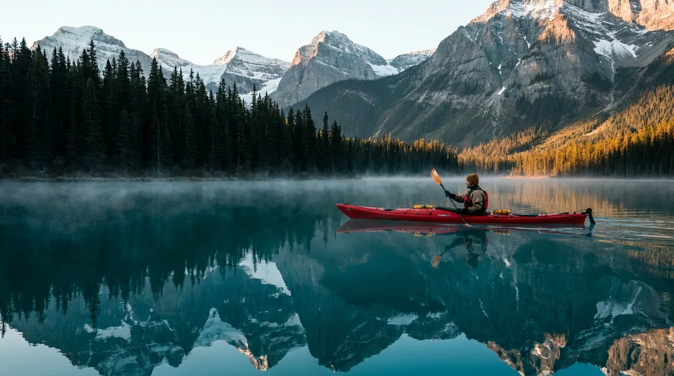 Kayaker paddling on calm turquoise Upper Kananaskis Lake at dawn below limestone peaks